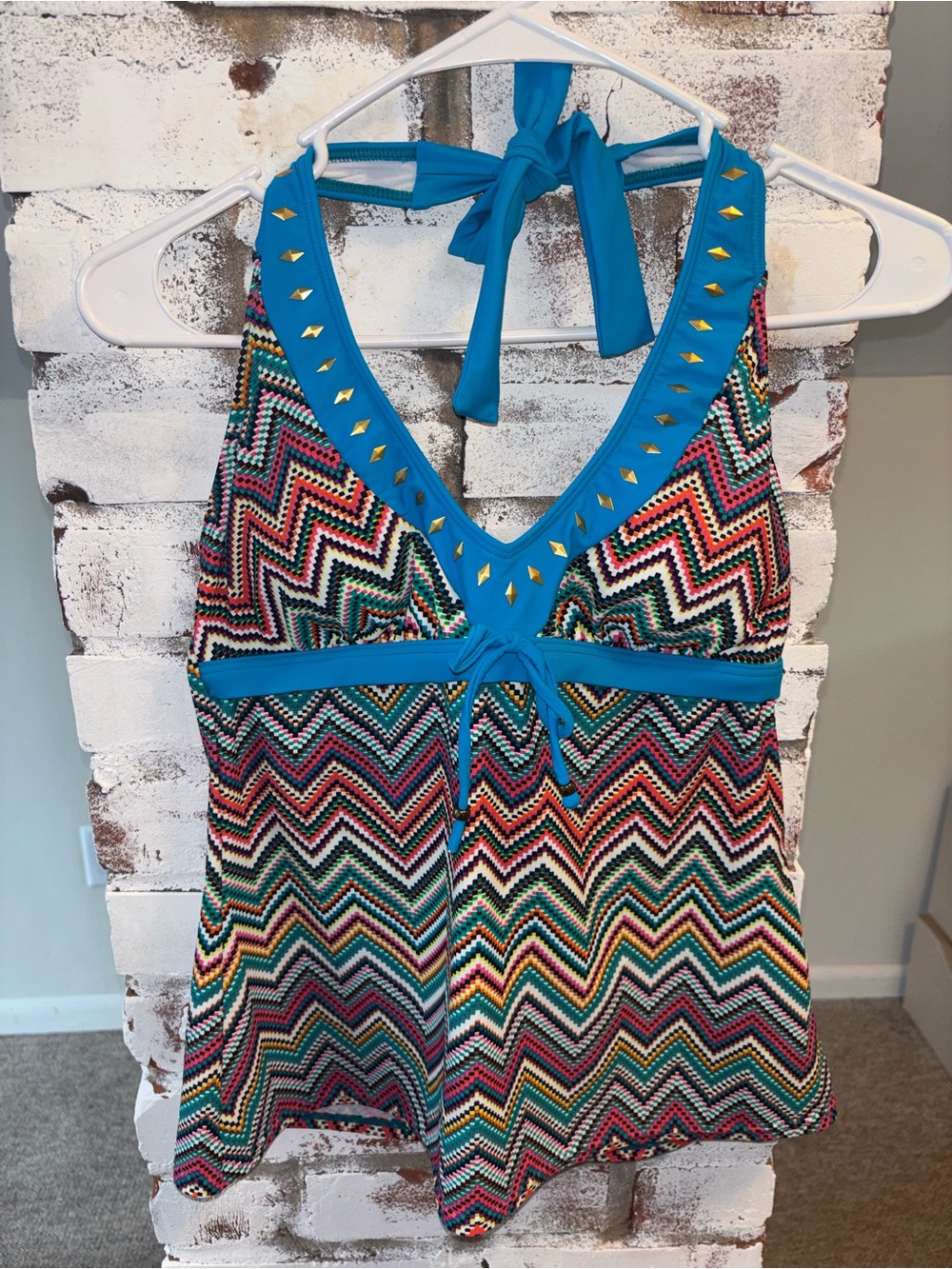 Turquoise Chevron Halter Camisole with Gold Stud Accents